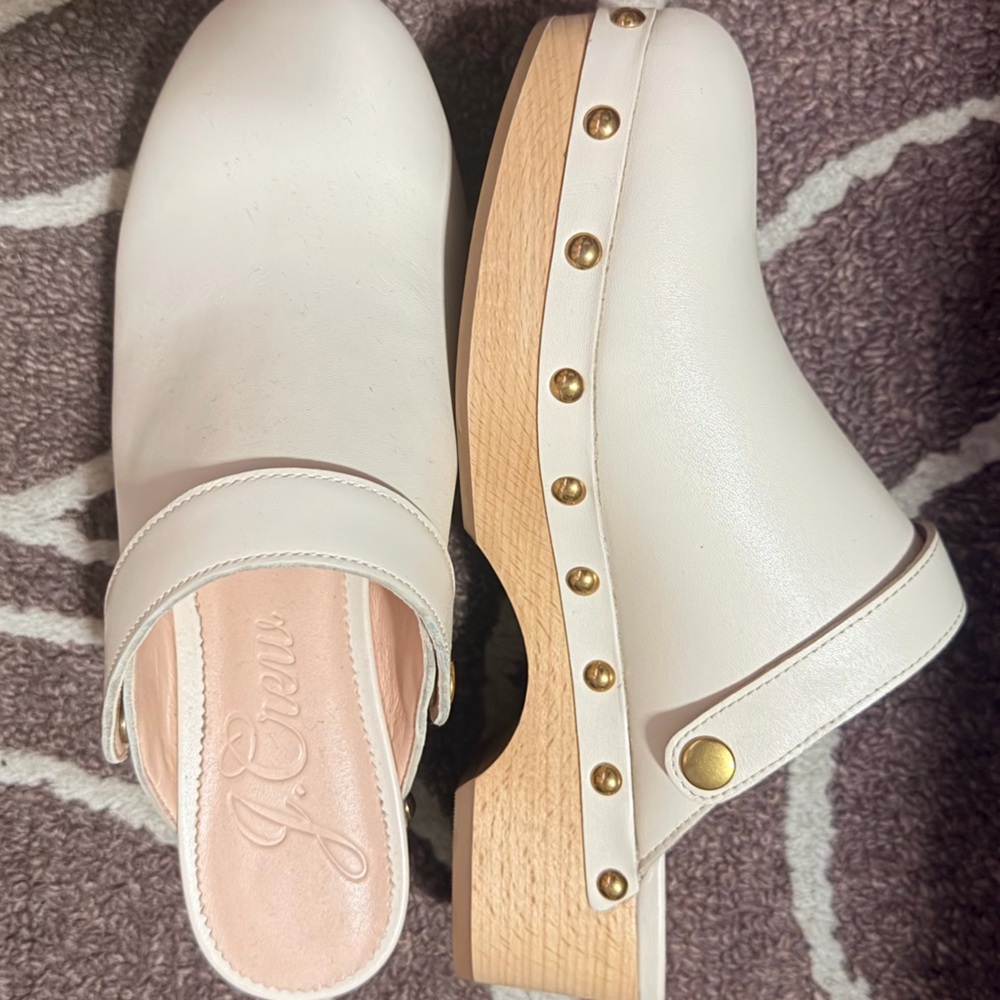J. Crew Cream Leather Clogs with Gold Studs